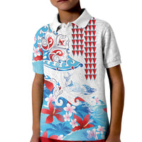 Hawaiian Tribal Manta Ray Kid Polo Shirt Kakau Tattoo and Flowers Surfing Waves Pattern Ocean Color