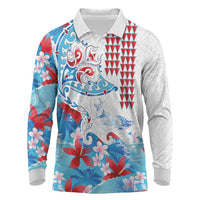 Hawaiian Tribal Manta Ray Long Sleeve Polo Shirt Kakau Tattoo and Flowers Surfing Waves Pattern Ocean Color