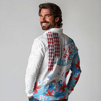 Hawaiian Tribal Manta Ray Long Sleeve Polo Shirt Kakau Tattoo and Flowers Surfing Waves Pattern Ocean Color
