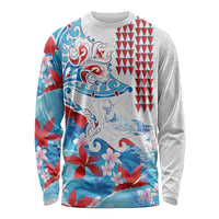 Hawaiian Tribal Manta Ray Long Sleeve Shirt Kakau Tattoo and Flowers Surfing Waves Pattern Ocean Color