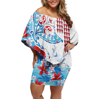 Hawaiian Tribal Manta Ray Off Shoulder Short Dress Kakau Tattoo and Flowers Surfing Waves Pattern Ocean Color