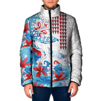 Hawaiian Tribal Manta Ray Padded Jacket Kakau Tattoo and Flowers Surfing Waves Pattern Ocean Color LT03 Men Multicolor - Polynesian Pride