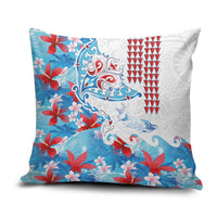 Hawaiian Tribal Manta Ray Pillow Cover Kakau Tattoo and Flowers Surfing Waves Pattern Ocean Color