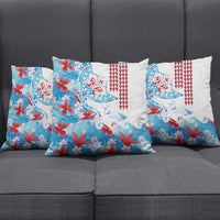 Hawaiian Tribal Manta Ray Pillow Cover Kakau Tattoo and Flowers Surfing Waves Pattern Ocean Color