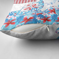 Hawaiian Tribal Manta Ray Pillow Cover Kakau Tattoo and Flowers Surfing Waves Pattern Ocean Color