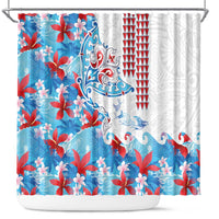 Hawaiian Tribal Manta Ray Shower Curtain Kakau Tattoo and Flowers Surfing Waves Pattern Ocean Color