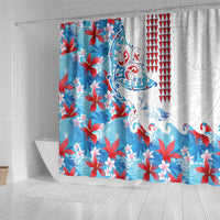 Hawaiian Tribal Manta Ray Shower Curtain Kakau Tattoo and Flowers Surfing Waves Pattern Ocean Color