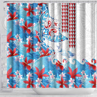 Hawaiian Tribal Manta Ray Shower Curtain Kakau Tattoo and Flowers Surfing Waves Pattern Ocean Color
