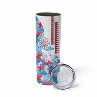 Hawaiian Tribal Manta Ray Skinny Tumbler Kakau Tattoo and Flowers Surfing Waves Pattern Ocean Color