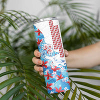 Hawaiian Tribal Manta Ray Skinny Tumbler Kakau Tattoo and Flowers Surfing Waves Pattern Ocean Color