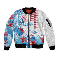 Hawaiian Tribal Manta Ray Sleeve Zip Bomber Jacket Kakau Tattoo and Flowers Surfing Waves Pattern Ocean Color