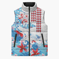 Hawaiian Tribal Manta Ray Sleeveless Puffer Jacket Kakau Tattoo and Flowers Surfing Waves Pattern Ocean Color