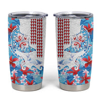 Hawaiian Tribal Manta Ray Tumbler Cup Kakau Tattoo and Flowers Surfing Waves Pattern Ocean Color