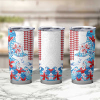 Hawaiian Tribal Manta Ray Tumbler Cup Kakau Tattoo and Flowers Surfing Waves Pattern Ocean Color