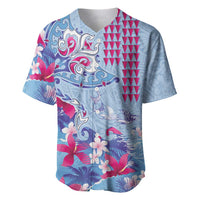 Hawaiian Tribal Manta Ray Baseball Jersey Kakau Tattoo and Flowers Surfing Waves Pattern Soft Color