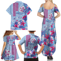 Hawaiian Tribal Manta Ray Family Matching Summer Maxi Dress and Hawaiian Shirt Kakau Tattoo and Flowers Surfing Waves Pattern Soft Color
