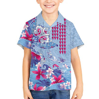 Hawaiian Tribal Manta Ray Family Matching Summer Maxi Dress and Hawaiian Shirt Kakau Tattoo and Flowers Surfing Waves Pattern Soft Color