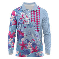 Hawaiian Tribal Manta Ray Long Sleeve Polo Shirt Kakau Tattoo and Flowers Surfing Waves Pattern Soft Color