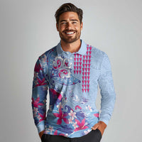 Hawaiian Tribal Manta Ray Long Sleeve Polo Shirt Kakau Tattoo and Flowers Surfing Waves Pattern Soft Color