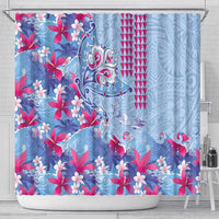 Hawaiian Tribal Manta Ray Shower Curtain Kakau Tattoo and Flowers Surfing Waves Pattern Soft Color