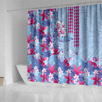 Hawaiian Tribal Manta Ray Shower Curtain Kakau Tattoo and Flowers Surfing Waves Pattern Soft Color