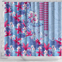 Hawaiian Tribal Manta Ray Shower Curtain Kakau Tattoo and Flowers Surfing Waves Pattern Soft Color