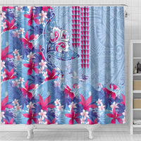 Hawaiian Tribal Manta Ray Shower Curtain Kakau Tattoo and Flowers Surfing Waves Pattern Soft Color