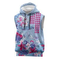 Hawaiian Tribal Manta Ray Sleeveless Hoodie Kakau Tattoo and Flowers Surfing Waves Pattern Soft Color