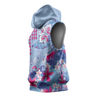 Hawaiian Tribal Manta Ray Sleeveless Hoodie Kakau Tattoo and Flowers Surfing Waves Pattern Soft Color