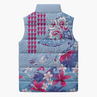 Hawaiian Tribal Manta Ray Sleeveless Puffer Jacket Kakau Tattoo and Flowers Surfing Waves Pattern Soft Color