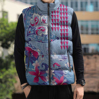 Hawaiian Tribal Manta Ray Sleeveless Puffer Jacket Kakau Tattoo and Flowers Surfing Waves Pattern Soft Color