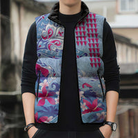 Hawaiian Tribal Manta Ray Sleeveless Puffer Jacket Kakau Tattoo and Flowers Surfing Waves Pattern Soft Color