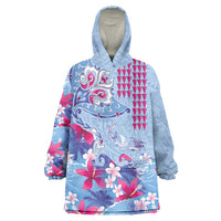 Hawaiian Tribal Manta Ray Wearable Blanket Hoodie Kakau Tattoo and Flowers Surfing Waves Pattern Soft Color