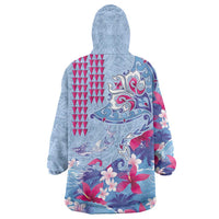 Hawaiian Tribal Manta Ray Wearable Blanket Hoodie Kakau Tattoo and Flowers Surfing Waves Pattern Soft Color