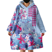 Hawaiian Tribal Manta Ray Wearable Blanket Hoodie Kakau Tattoo and Flowers Surfing Waves Pattern Soft Color