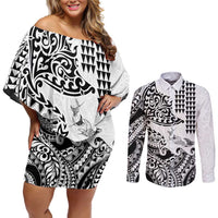 Hawaiian Tribal Manta Ray Couples Matching Off Shoulder Short Dress and Long Sleeve Button Shirt Kakau Tattoo and Polynesian Art Motif Pattern
