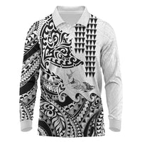 Hawaiian Tribal Manta Ray Long Sleeve Polo Shirt Kakau Tattoo and Polynesian Art Motif Pattern