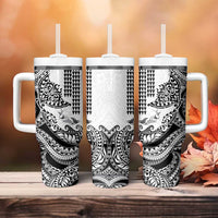 Hawaiian Tribal Manta Ray Tumbler With Handle Kakau Tattoo and Polynesian Art Motif Pattern
