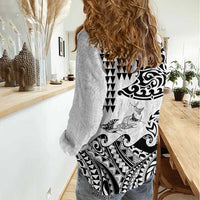 Hawaiian Tribal Manta Ray Women Casual Shirt Kakau Tattoo and Polynesian Art Motif Pattern