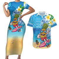 Hawaiian Funny Pineapple Surfing Couples Matching Short Sleeve Bodycon Dress and Hawaiian Shirt Beach with Tribal Kakau and Plumeria