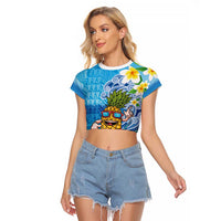 Hawaiian Funny Pineapple Surfing Raglan Cropped T Shirt Beach with Tribal Kakau and Plumeria