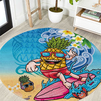 Hawaiian Funny Pineapple Surfing Round Carpet Beach with Tribal Kakau and Plumeria LT03 Multicolor - Polynesian Pride