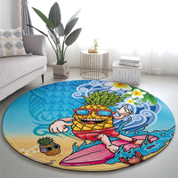 Hawaiian Funny Pineapple Surfing Round Carpet Beach with Tribal Kakau and Plumeria LT03 - Polynesian Pride
