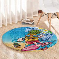 Hawaiian Funny Pineapple Surfing Round Carpet Beach with Tribal Kakau and Plumeria LT03 - Polynesian Pride