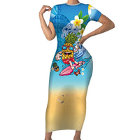 Hawaiian Funny Pineapple Surfing Short Sleeve Bodycon Dress Beach with Tribal Kakau and Plumeria LT03 Long Dress Multicolor - Polynesian Pride