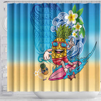Hawaiian Funny Pineapple Surfing Shower Curtain Beach with Tribal Kakau and Plumeria
