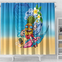 Hawaiian Funny Pineapple Surfing Shower Curtain Beach with Tribal Kakau and Plumeria
