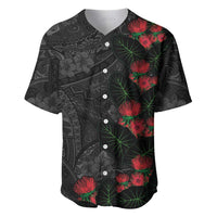 Hawaiian Taro Leaves and Ohia Lehua Baseball Jersey Polynesian Tribal Art Tropical Plants Motifs Grayscale