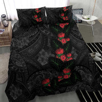 Hawaiian Taro Leaves and Ohia Lehua Bedding Set Polynesian Tribal Art Tropical Plants Motifs Grayscale