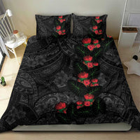 Hawaiian Taro Leaves and Ohia Lehua Bedding Set Polynesian Tribal Art Tropical Plants Motifs Grayscale